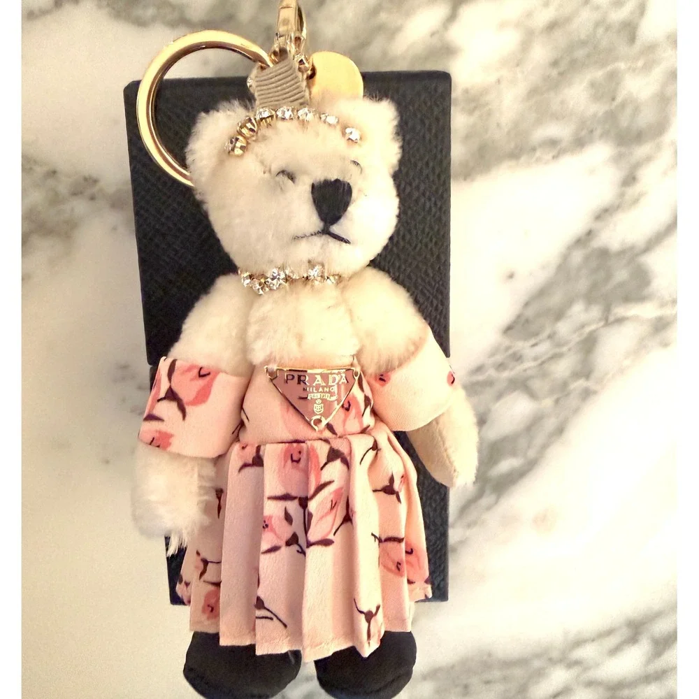 Prada Trick Orsetto Mary Rose Bear Keychain Charm Bianco Pink Floral 1TR046